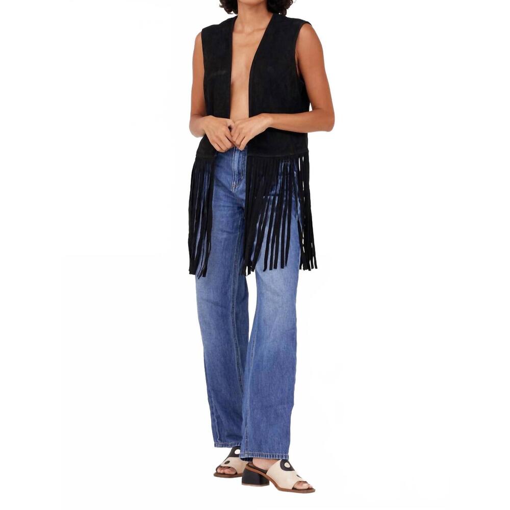NEW MAURITIUS katy fringe leather vest in black